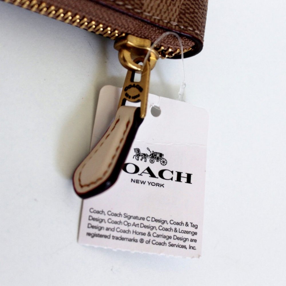 Coach Signature Coated Canvas Colorblock Leather Slim Accordion Zip Wallet Tan - Picture 4 of 7